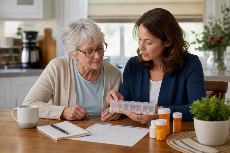 family member helping parent to comply with medication adherence